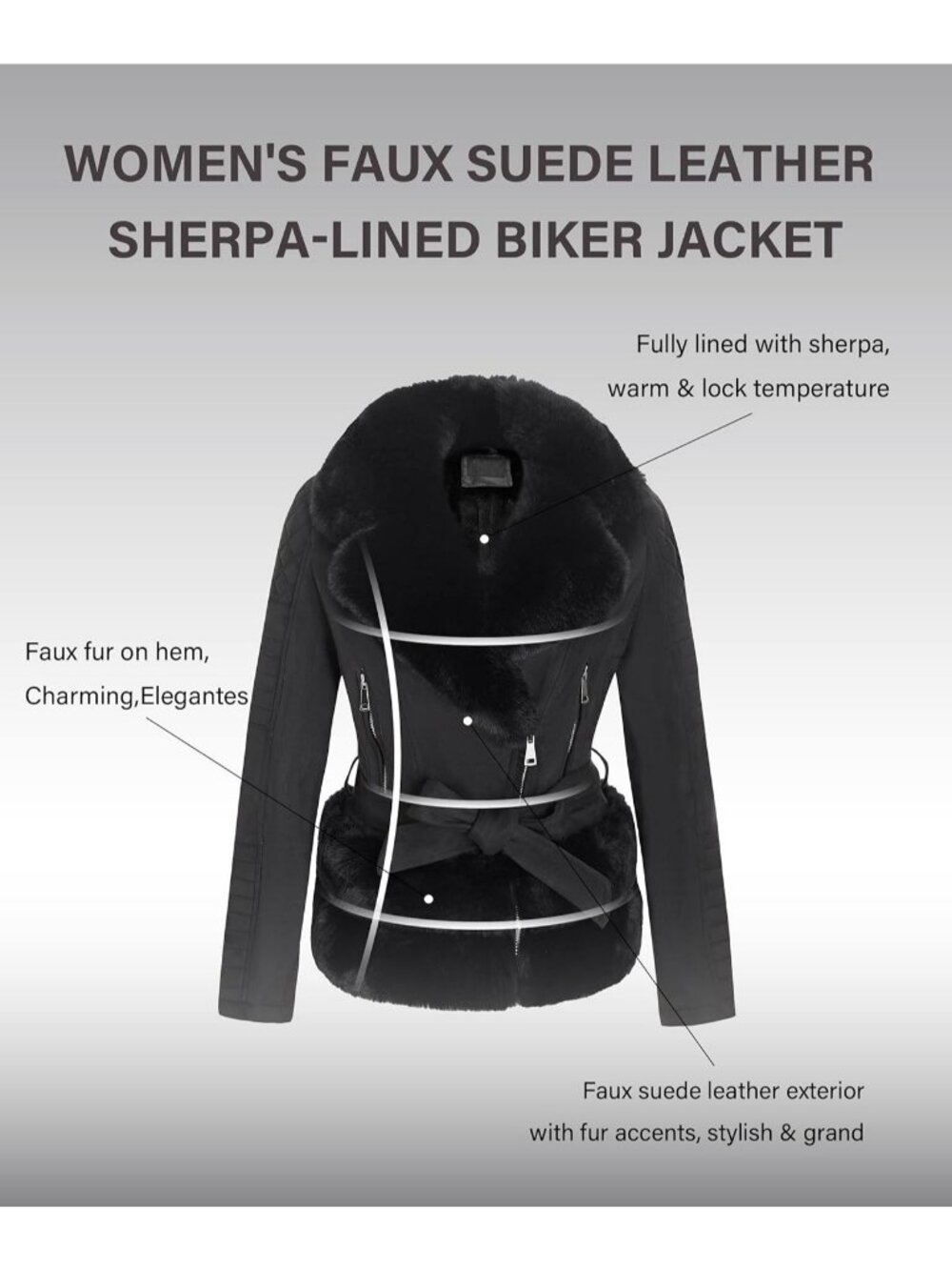 Womens Black Polyester Faux Motorcycle Stylish Removable Fur Collar Jacket - Picture 3 of 5